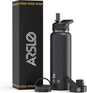 Arlso Classic Insulated Water Bottle, 40oz Stainless Steel Flask Water Bottles with Storage Sleeve 3 Lids Straw, Spout and Handle Lid, Vacuum Double Walled 40 oz Thermos Sports Jug Black