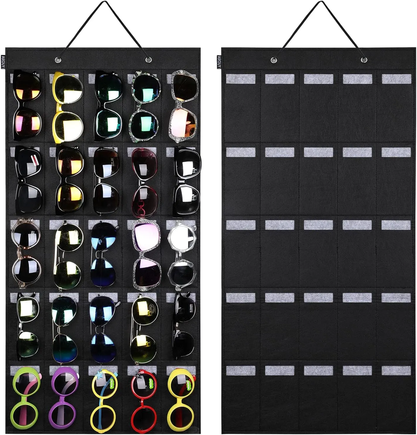 AROUY Sunglasses Organizer Storage, Hanging Wall Pocket Glasses Organizer - 25 Felt Slots Sunglass Organizer Holder Eyeglass Display with Sturdy Rope (Black, Large)