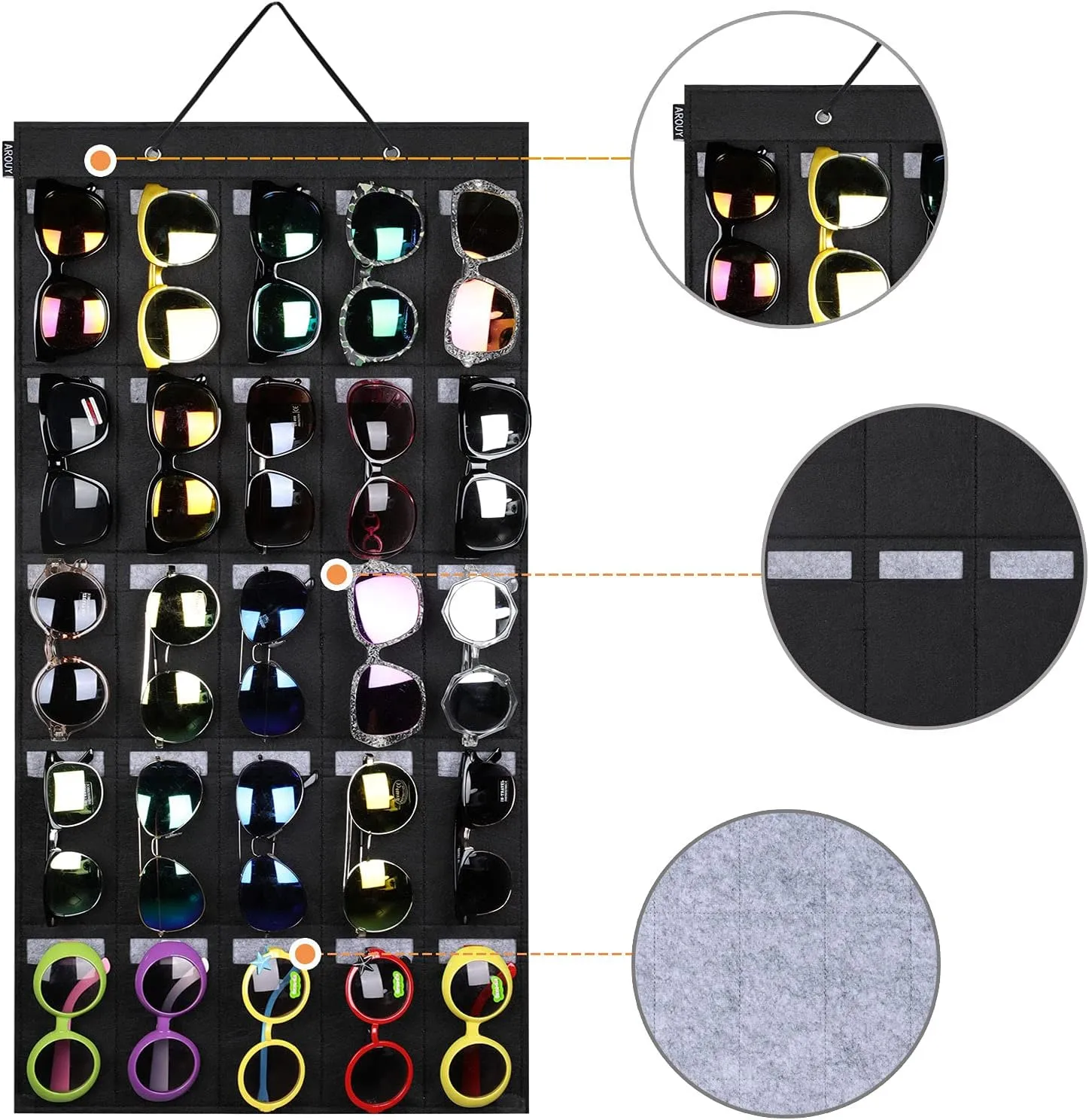 AROUY Sunglasses Organizer Storage, Hanging Wall Pocket Glasses Organizer - 25 Felt Slots Sunglass Organizer Holder Eyeglass Display with Sturdy Rope (Black, Large)