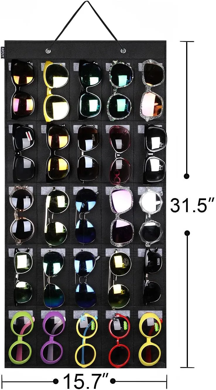 AROUY Sunglasses Organizer Storage, Hanging Wall Pocket Glasses Organizer - 25 Felt Slots Sunglass Organizer Holder Eyeglass Display with Sturdy Rope (Black, Large)