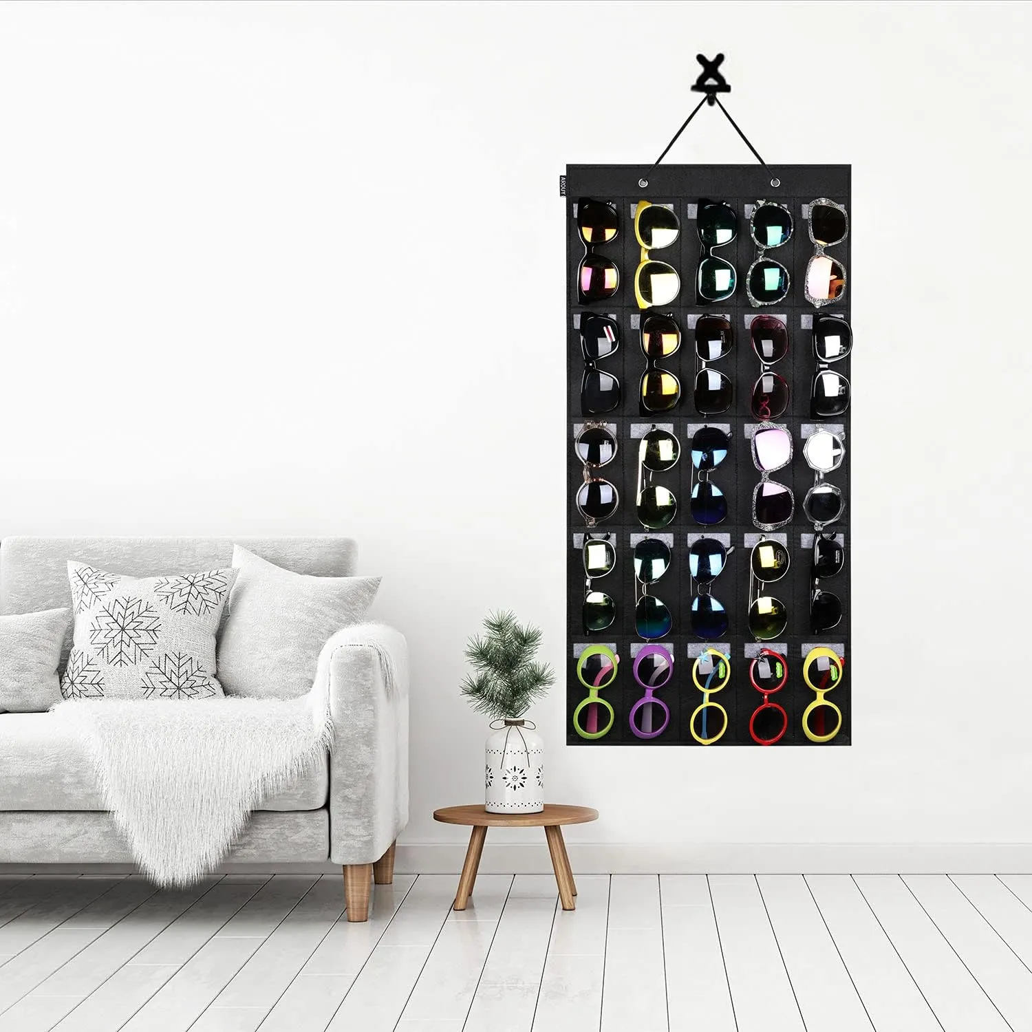 AROUY Sunglasses Organizer Storage, Hanging Wall Pocket Glasses Organizer - 25 Felt Slots Sunglass Organizer Holder Eyeglass Display with Sturdy Rope (Black, Large)