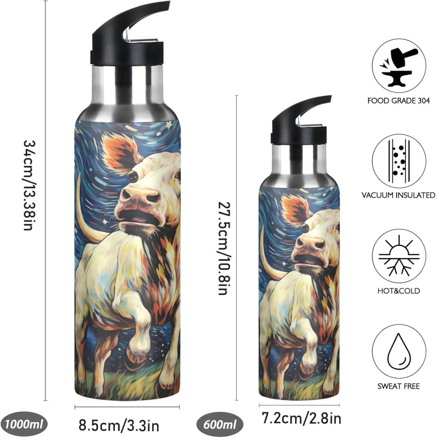 Artwork Moon Cow Sport Water Bottle Insulated Stainless Steel Large Vacuum Flask Leak Proof Thermos with Straw for Travel(600ml/1000ml)