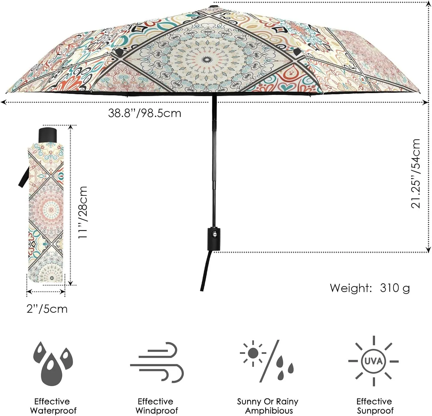 Automatic Lightweight Folding Umbrella, Auto Open/Close Portable Sun Travel Parasol, Compact Anti-UV Strong Rain Umbrella