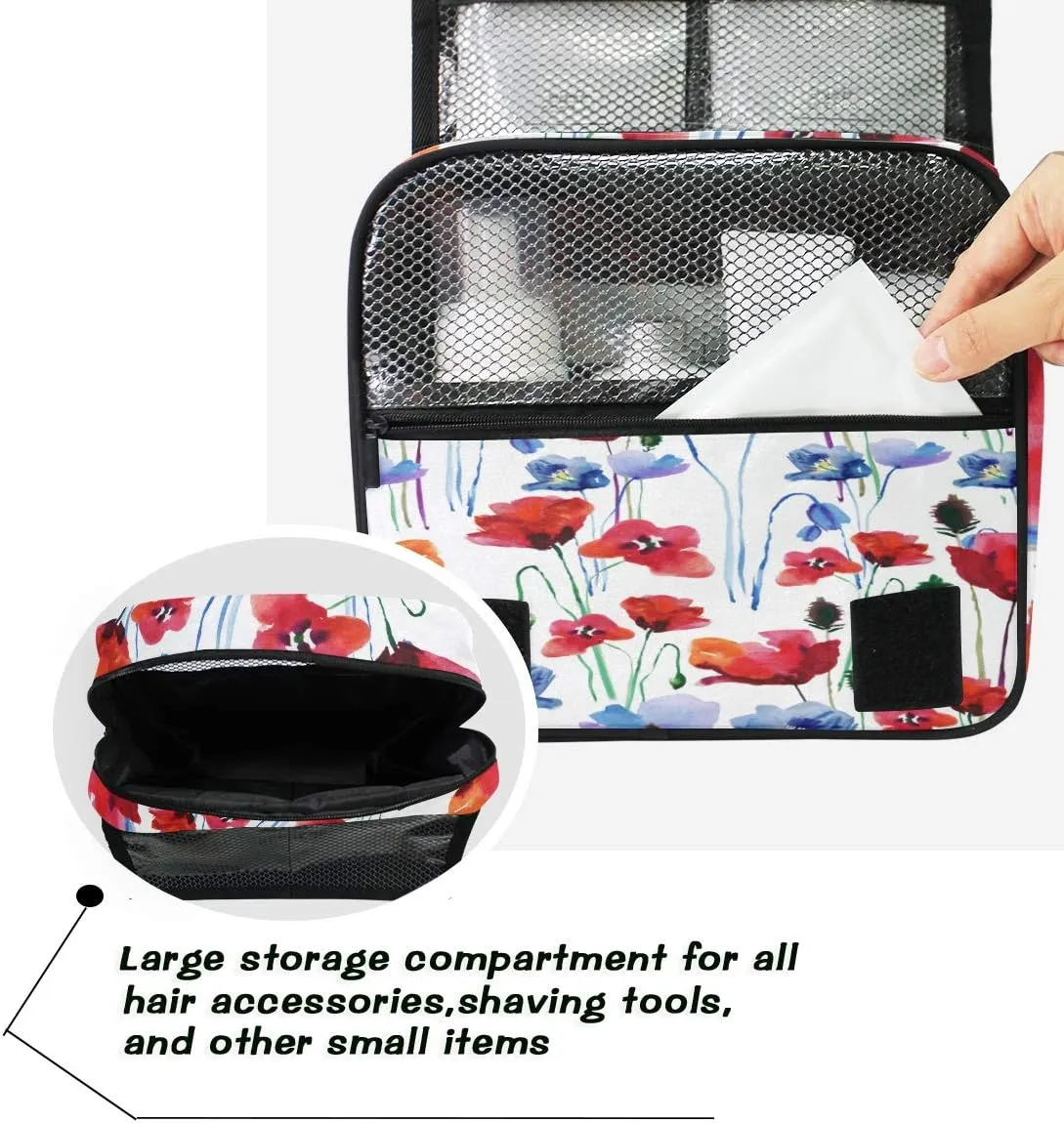 AUUXVA Travel Toiletry Bag Watercolor Poppy Flower Cosmetic Organizer Bag Hanging Makeup Bag with Zipper Pocket and Handle, Portable Wash Bag for Women Men Girls