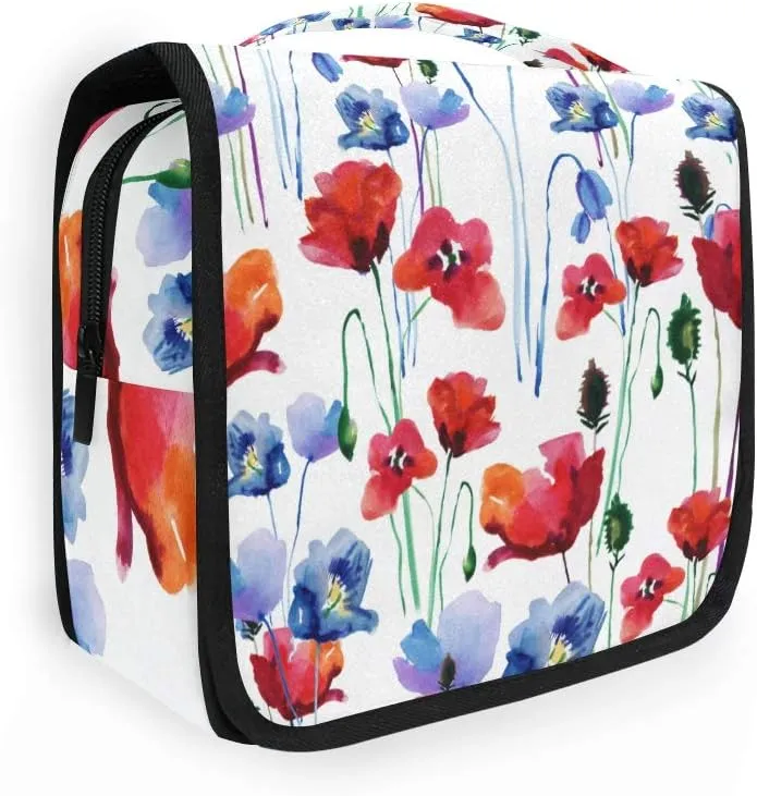 AUUXVA Travel Toiletry Bag Watercolor Poppy Flower Cosmetic Organizer Bag Hanging Makeup Bag with Zipper Pocket and Handle, Portable Wash Bag for Women Men Girls