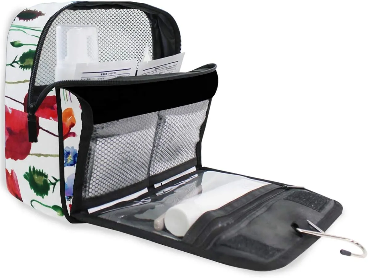 AUUXVA Travel Toiletry Bag Watercolor Poppy Flower Cosmetic Organizer Bag Hanging Makeup Bag with Zipper Pocket and Handle, Portable Wash Bag for Women Men Girls