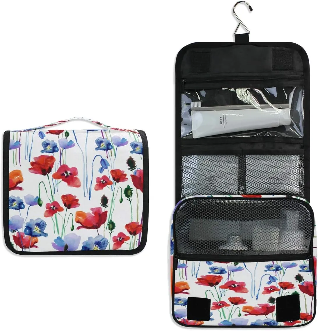 AUUXVA Travel Toiletry Bag Watercolor Poppy Flower Cosmetic Organizer Bag Hanging Makeup Bag with Zipper Pocket and Handle, Portable Wash Bag for Women Men Girls