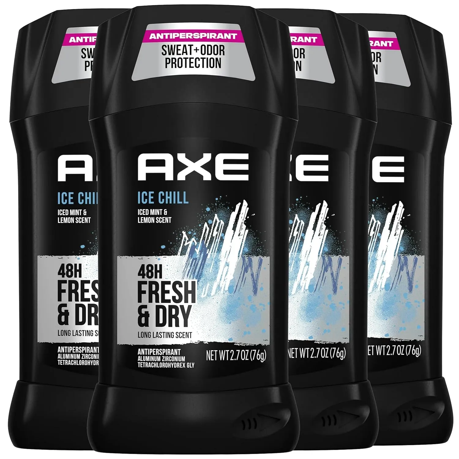 Axe Ice Chill Antiperspirant Deodorant Stick for Men, Invisible Solid 48 Hour Long Lasting Scent, Iced Mint and Lemon, 2.7 oz (Pack of 4)