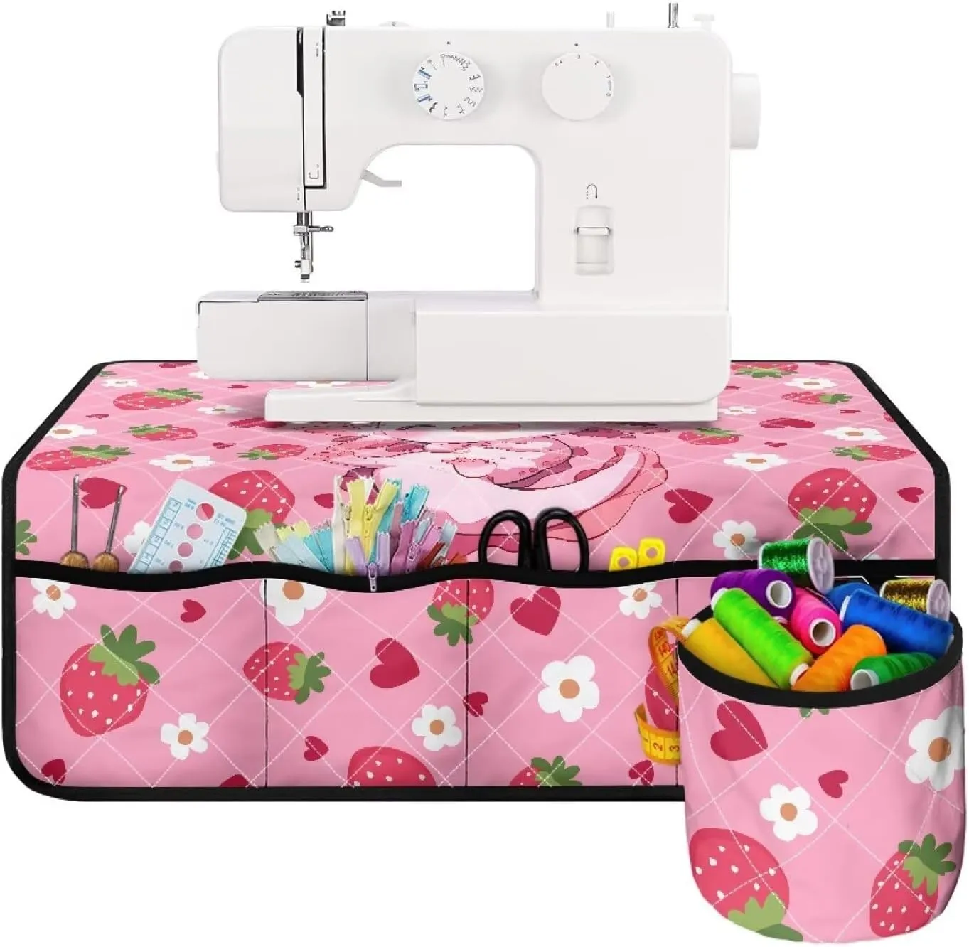Axolotl Strawberry Sewing Machine Pad for Table with Multiple Pockets and Small Storage Bag, Stain Resistant Non Slip Sewing Machine Pad Organizer for Sew Accessories Kits and Supplies