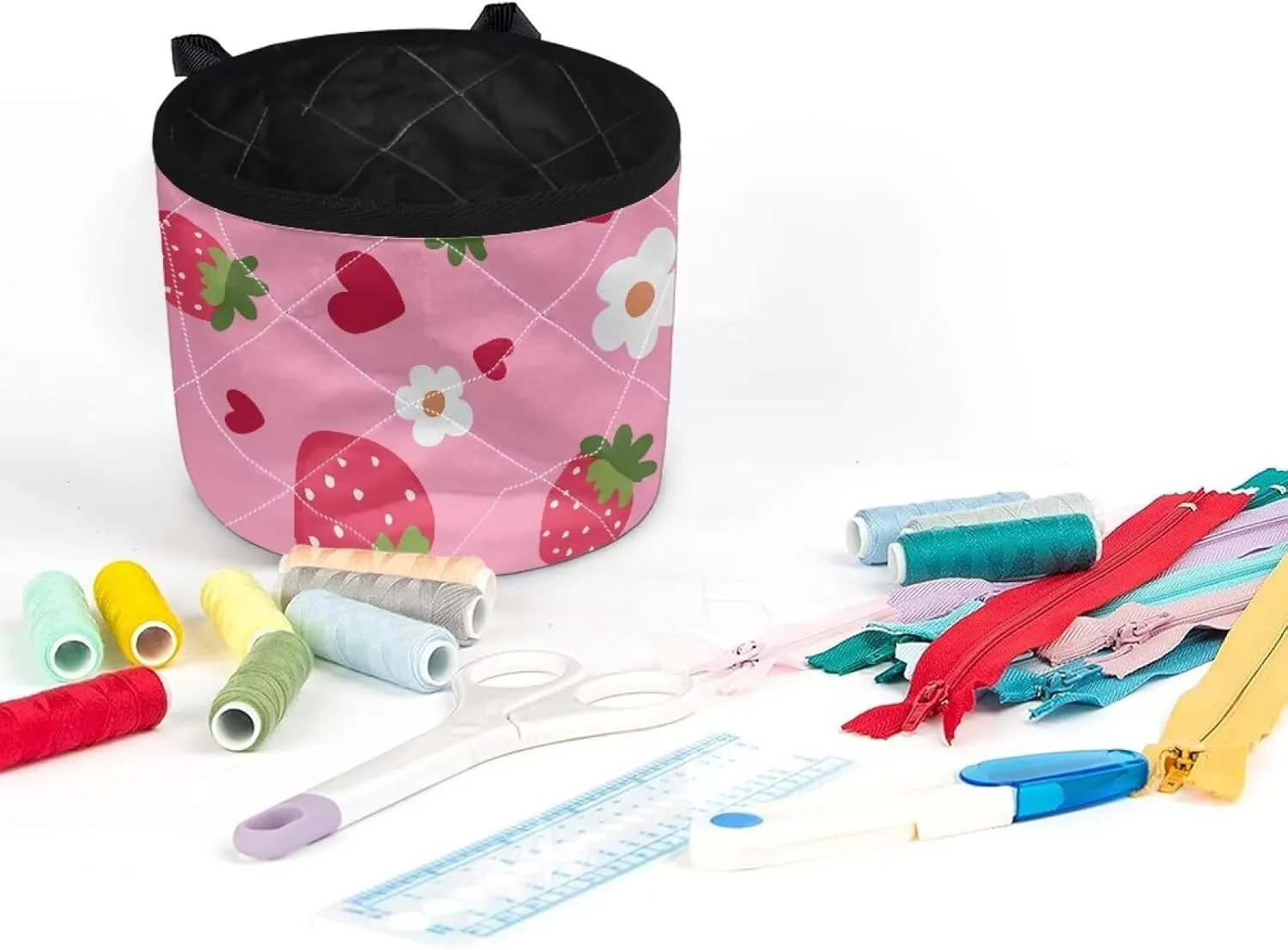 Axolotl Strawberry Sewing Machine Pad for Table with Multiple Pockets and Small Storage Bag, Stain Resistant Non Slip Sewing Machine Pad Organizer for Sew Accessories Kits and Supplies