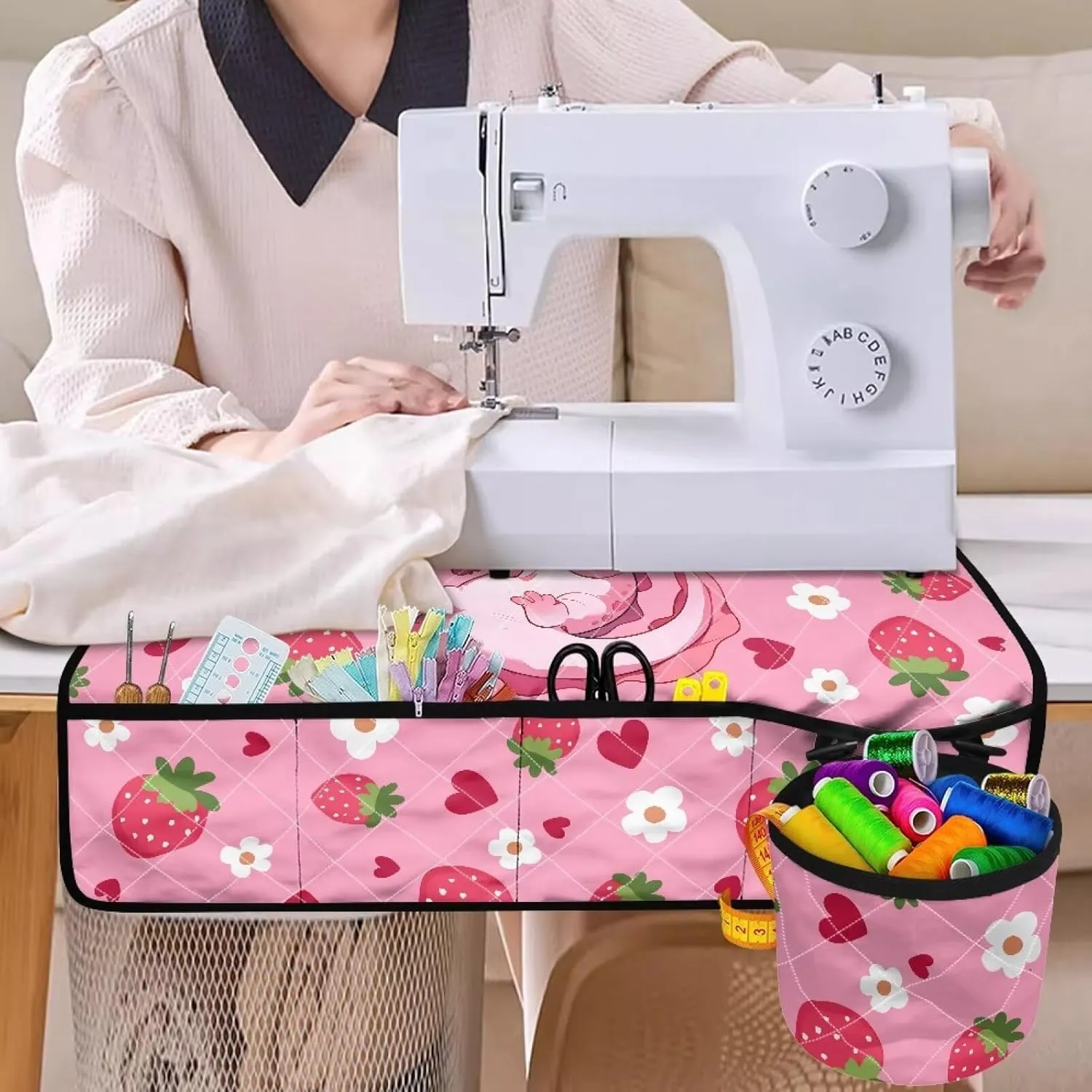 Axolotl Strawberry Sewing Machine Pad for Table with Multiple Pockets and Small Storage Bag, Stain Resistant Non Slip Sewing Machine Pad Organizer for Sew Accessories Kits and Supplies