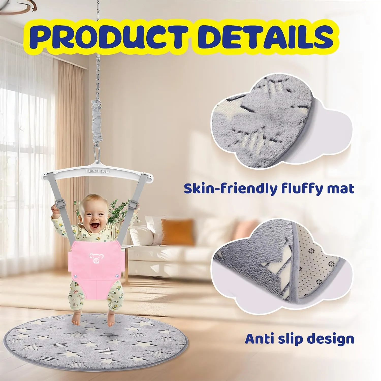 Baby Jumper with a Ceiling Hook for Infant & Toddlers, Kids Door Jumper with Adjustable Chain, Protable Baby Jumpers and Bouncers for Indoor/Outdoor, Baby Doorway Jumper with Soft Rug