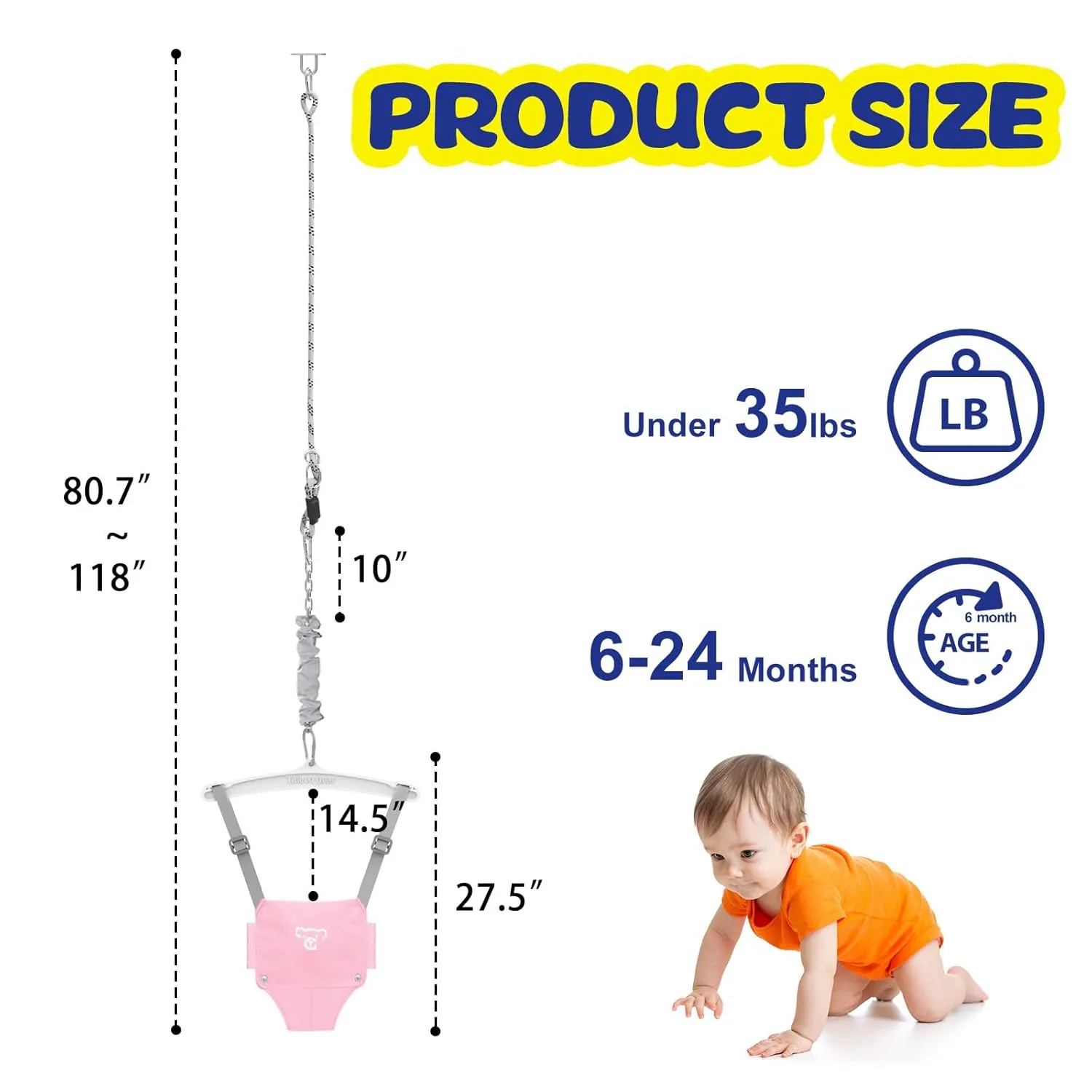 Baby Jumper with a Ceiling Hook for Infant & Toddlers, Kids Door Jumper with Adjustable Chain, Protable Baby Jumpers and Bouncers for Indoor/Outdoor, Baby Doorway Jumper with Soft Rug