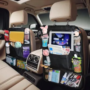 Backseat Car Organizer with Touch Screen Tablet Holder, Storage Pockets, Foldable Food Tray, Kick Mats Back Seat Protector, Travel Accessories for Kids and Adults (Rear Seat Organizer-2pc)