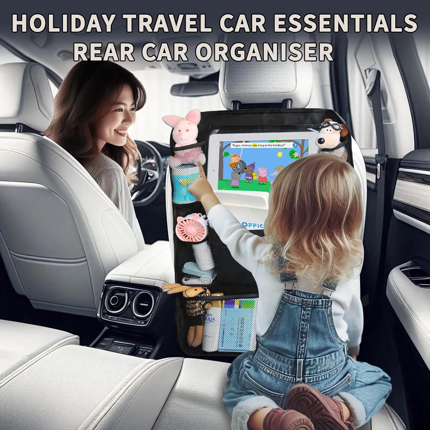 Backseat Car Organizer with Touch Screen Tablet Holder, Storage Pockets, Foldable Food Tray, Kick Mats Back Seat Protector, Travel Accessories for Kids and Adults (Rear Seat Organizer-2pc)