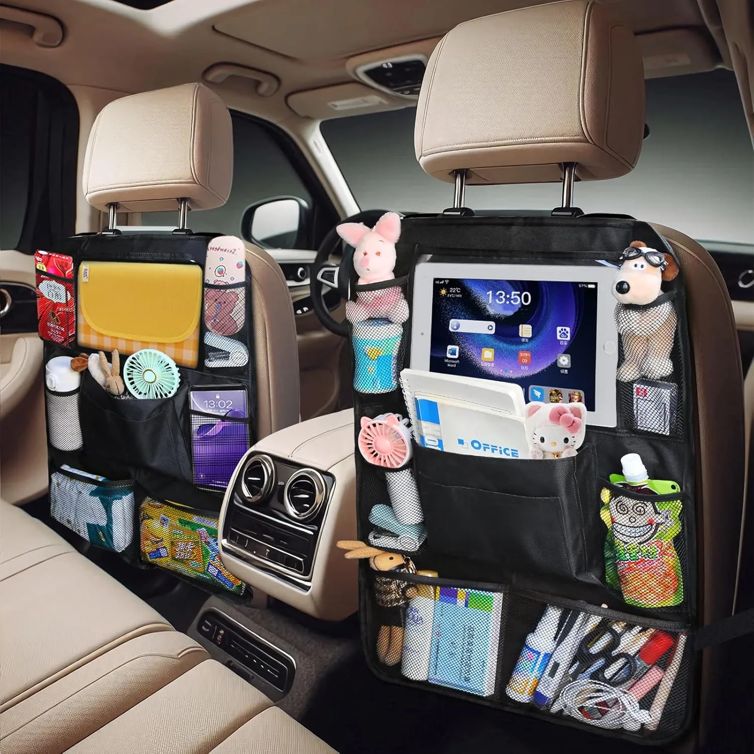Backseat Car Organizer with Touch Screen Tablet Holder, Storage Pockets, Foldable Food Tray, Kick Mats Back Seat Protector, Travel Accessories for Kids and Adults (Rear Seat Organizer-2pc)