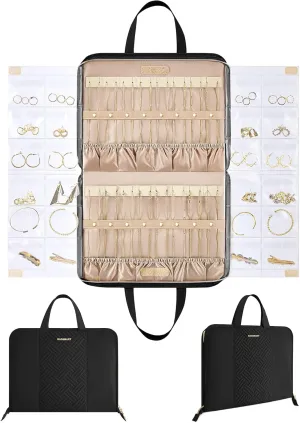 BAGSMART Travel Jewelry Organizer Case Portable Jewelry Roll Bag Tangle-free Necklace Storage Foldable Transparent Pockets for Earrings Rings Bracelet Travel Essentials Black
