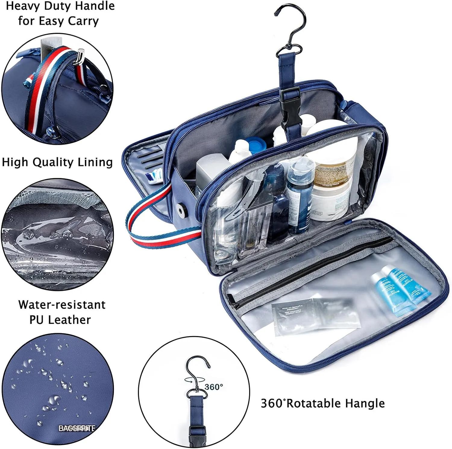 BAGSPRITE Large Toiletry Bag for Men, Women Travel Bag with Hanging Hook, Water-resistant Makeup Cosmetic Bag Shaving Kit Organizer, Bathroom Bag for Traveling