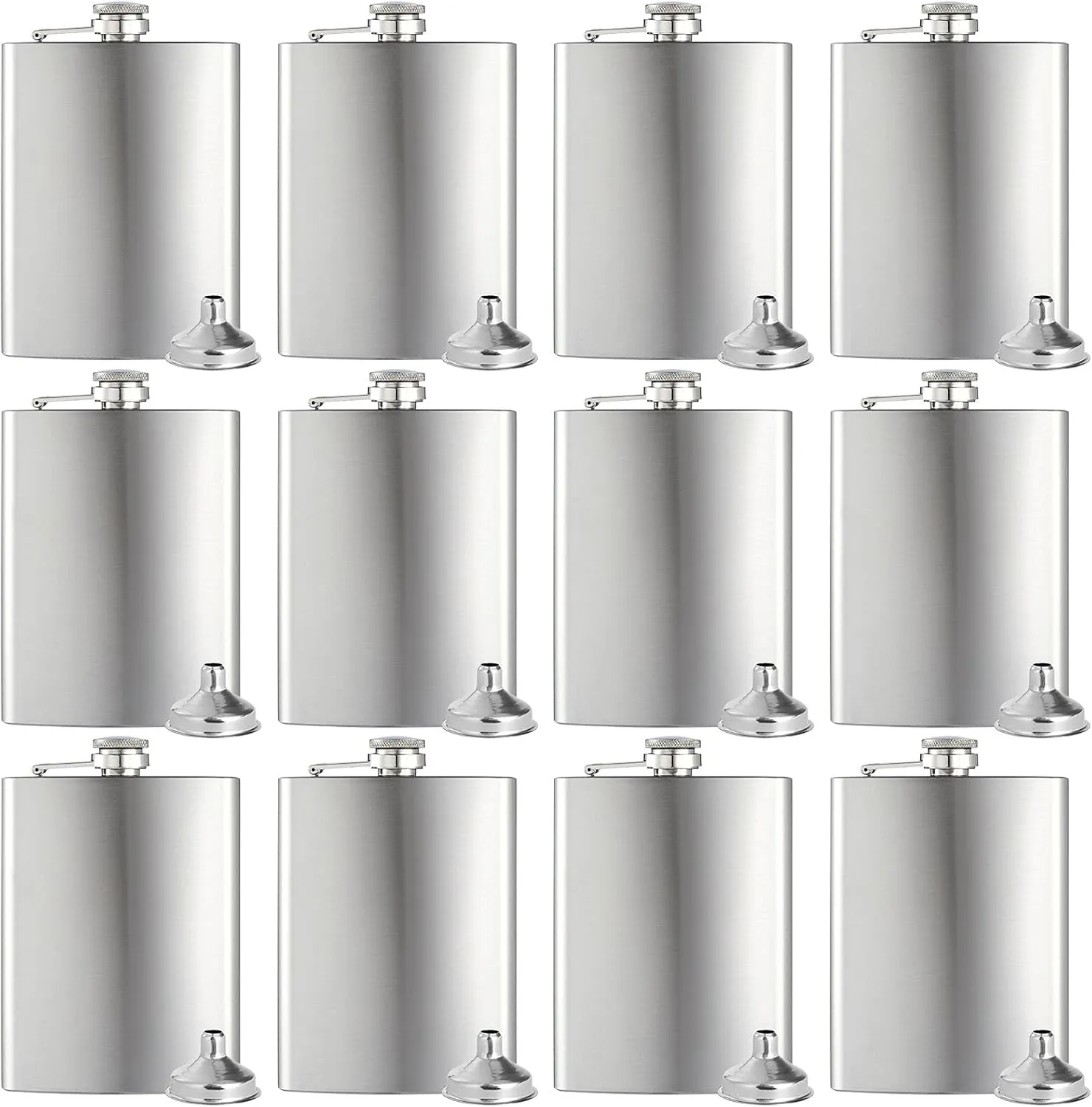 BALABALA Hip Flasks for Liquor for Men Women 12 pcs 8Oz Silver Stainless Steel Flask with 12 pcs Funnels for Wedding Party Groomsman Bridesmaid Birthdays Gift