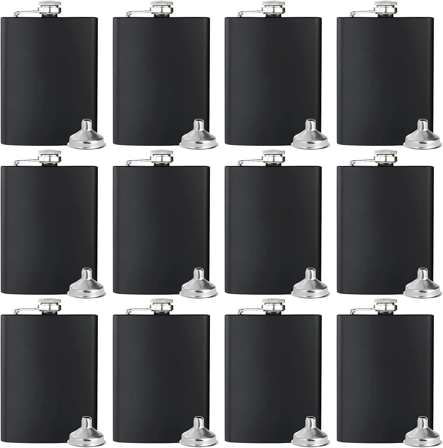 BALABALA Hip Flasks for Liquor for Men Women 12 pcs Black 8OZ Hip Flask with Silver lid with 12 pcs Funnel for Wedding Party Groomsman Bridesmaid Birthdays Gift