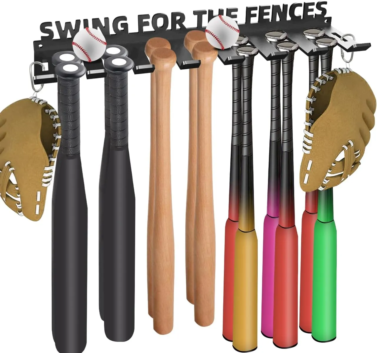 Baseball Bat Storage Rack Hanger Hanging Storage Organizer Display Wall Mount Holds 14 Bats Metal Heavy Duty Sports Home Equipment Organizer Hooks Hardware Included Swing for the Fences