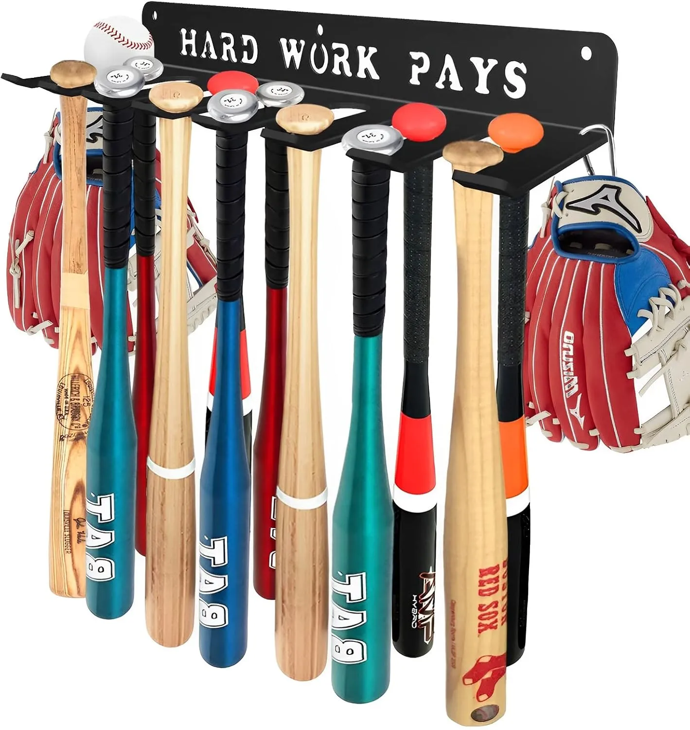 Baseball Softball Bat-Caddy Rack Hanger Organizer Equipment for Storage Hanging Bat Rack Baseball Wall Mount Fence Holds 14 Bats Metal Sports Hook Classic Carabiners Included Hard Work Pays