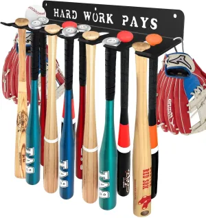 Baseball Softball Bat-Caddy Rack Hanger Organizer Equipment for Storage Hanging Bat Rack Baseball Wall Mount Fence Holds 14 Bats Metal Sports Hook Classic Carabiners Included Hard Work Pays
