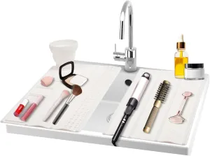 Bathroom Foldable Sink Cover for Counter Space - 2 Roll up Silicone Beauty Mat, Heat Resistant for hot Tools, Sink Topper Bathroom Countertop Organization, Travel Bag (White, Large, 2 Pcs)