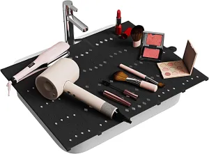 Bathroom Sink Cover for Counter Space, Sink Mat Foldable Sink Cover, Silicone Makeup Organizer Mat Space Saver, Small Bathroom & Rv Camper Travel Must Haves Accessories, Black
