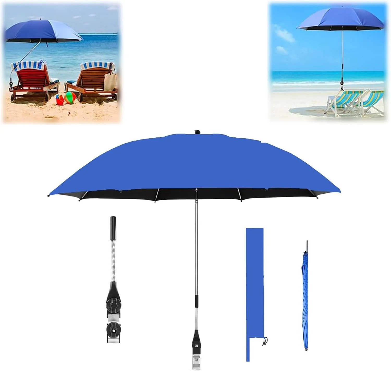 Beach Chair Umbrella with Clamp Clip on Umbrellas for Chair 42 Inches Adjustable for Camping Outdoor Chair UPF 50  Folding Umbrella for Travel Plant Shade Wheelchair