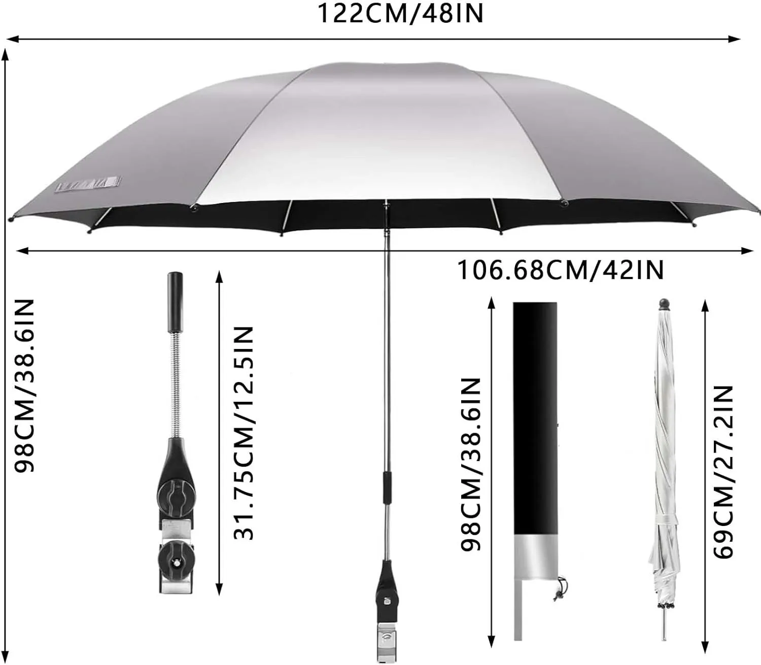 Beach Chair Umbrella with Clamp Clip on Umbrellas for Chair 42 Inches Adjustable for Camping Outdoor Chair UPF 50  Folding Umbrella for Travel Plant Shade Wheelchair