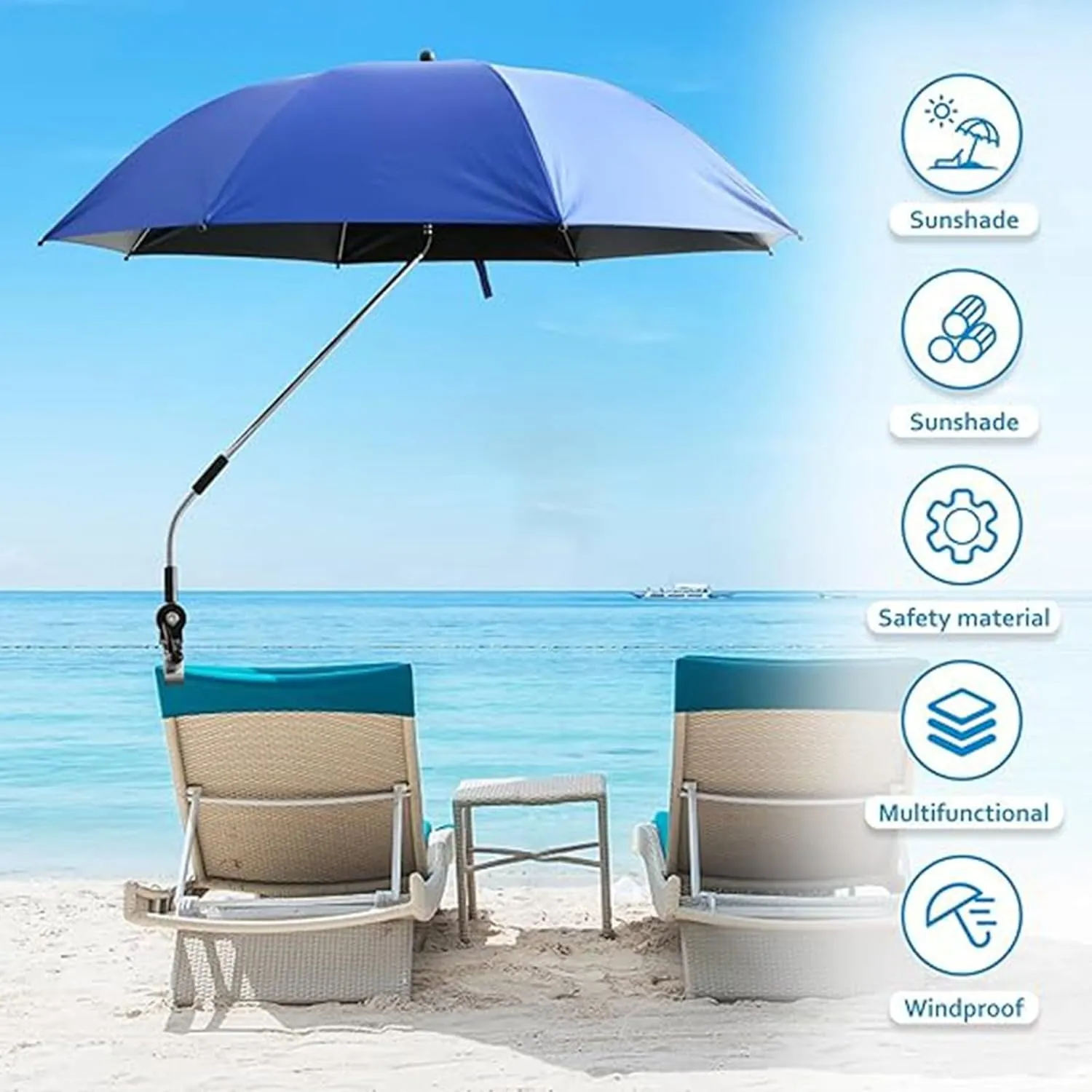 Beach Chair Umbrella with Clamp Clip on Umbrellas for Chair 42 Inches Adjustable for Camping Outdoor Chair UPF 50  Folding Umbrella for Travel Plant Shade Wheelchair