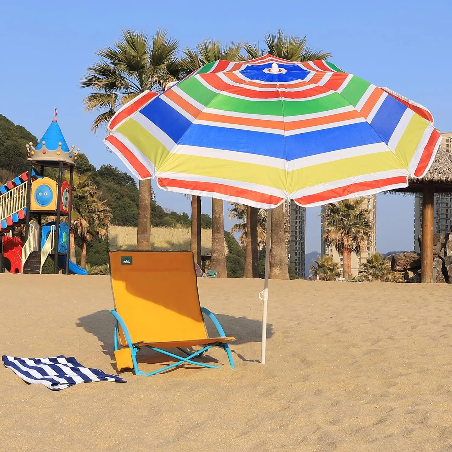 Beach Folding Chair Sets, with 1 Umbrella, Outdoor Low Seat Camping Chair, Beach Towel for Sand Camping Travel Outdoor Pool, Orange