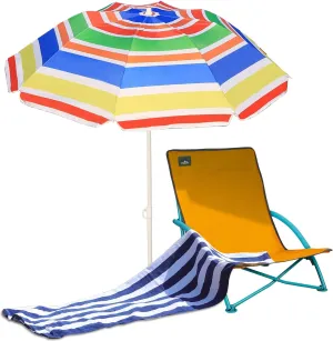 Beach Folding Chair Sets, with 1 Umbrella, Outdoor Low Seat Camping Chair, Beach Towel for Sand Camping Travel Outdoor Pool, Orange