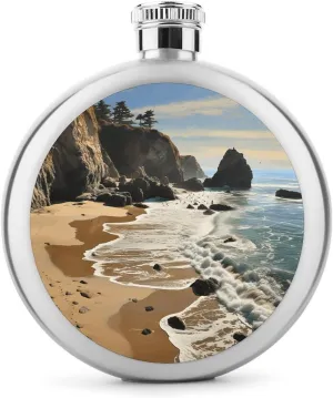 Beach On The Pacific Coast Hip Flask Stainless Steel Leak-Proof Liquor Flasks Portable Circular Wine Flasks for Camping Fishing Wedding Party 5 Oz