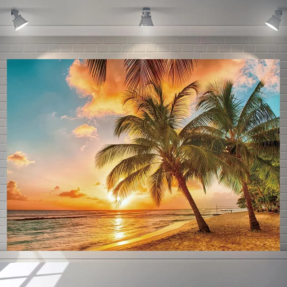 Beach Sunset Backdrop 7x5ft Summer Hawaiian Seaside Tropical Palm Trees Luau Party Photography Background Sea Hawaii Aloha Party Decorations Banner Photoshoot Photo Booth Props Fabric Polyester