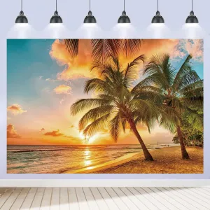 Beach Sunset Backdrop 7x5ft Summer Hawaiian Seaside Tropical Palm Trees Luau Party Photography Background Sea Hawaii Aloha Party Decorations Banner Photoshoot Photo Booth Props Fabric Polyester