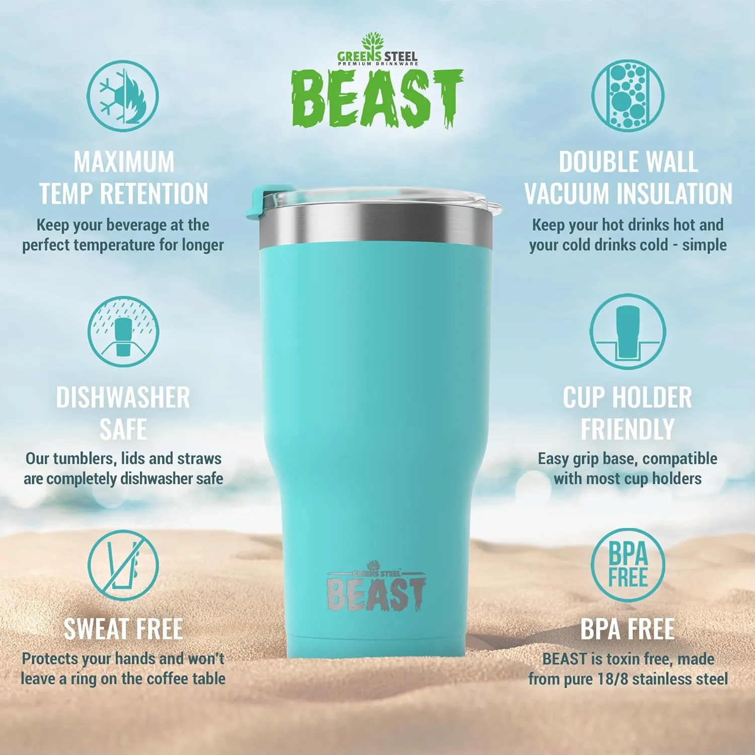Beast 30 oz Tumbler Stainless Steel Vacuum Insulated Coffee Ice Cup Double Wall Travel Flask (Aquamarine Blue)