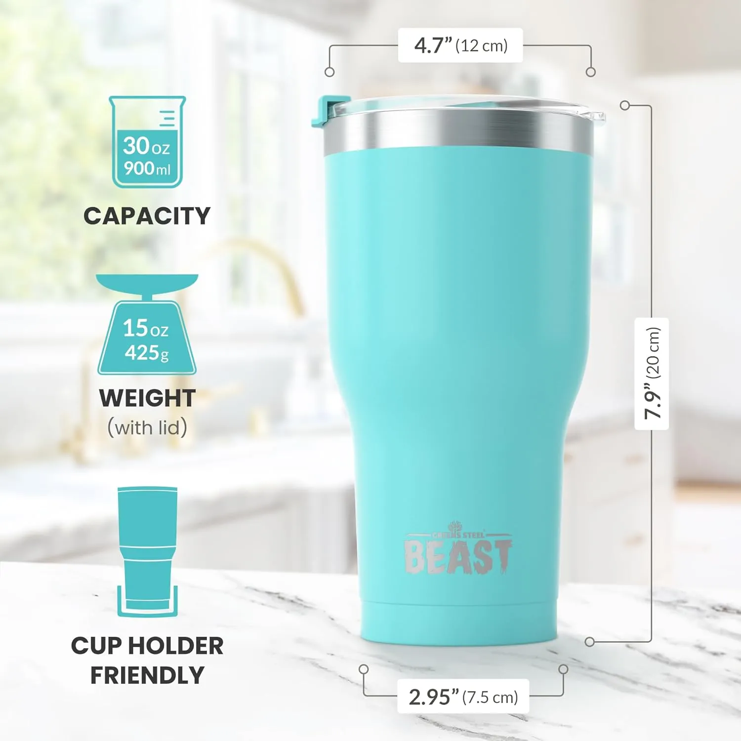 Beast 30 oz Tumbler Stainless Steel Vacuum Insulated Coffee Ice Cup Double Wall Travel Flask (Aquamarine Blue)