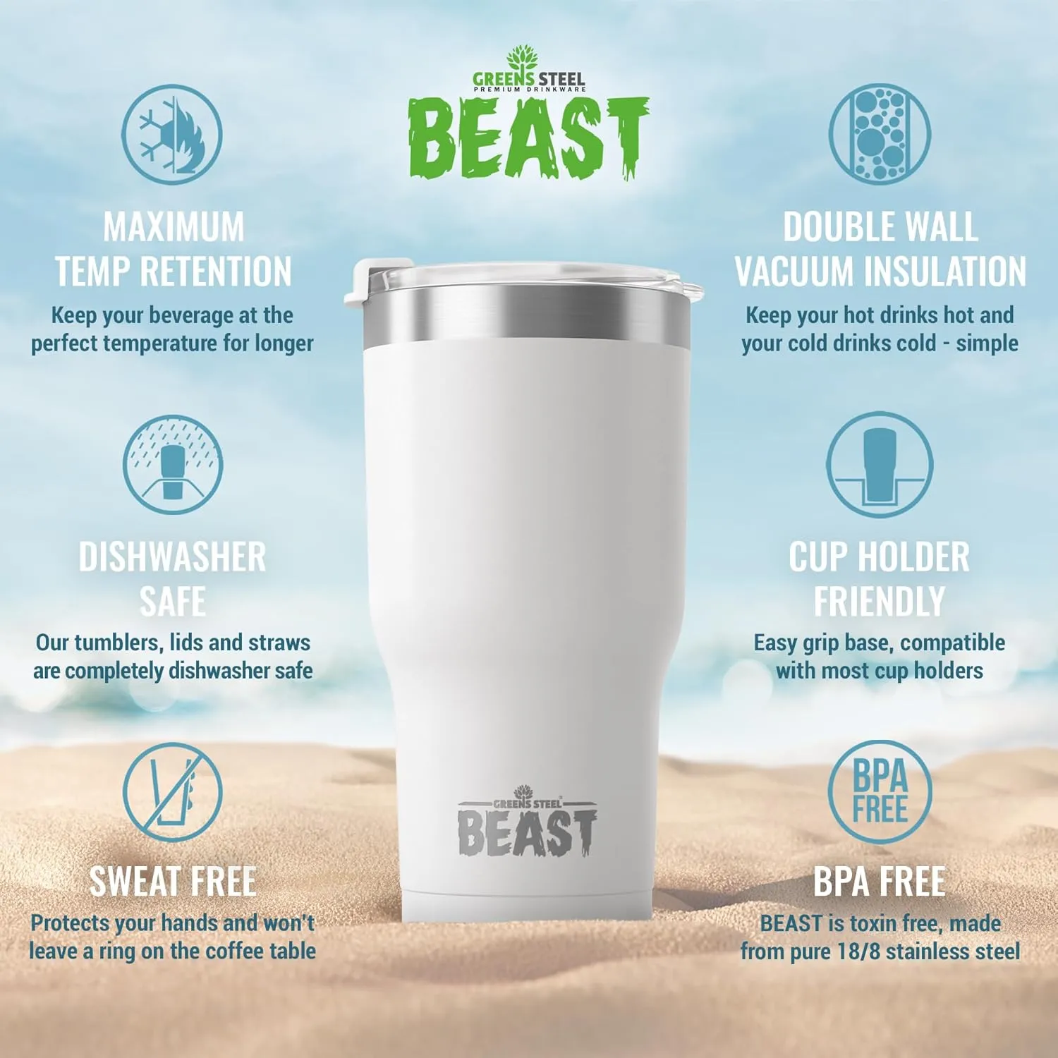 Beast 30 oz Tumbler Stainless Steel Vacuum Insulated Coffee Ice Cup Double Wall Travel Flask (Arctic White)