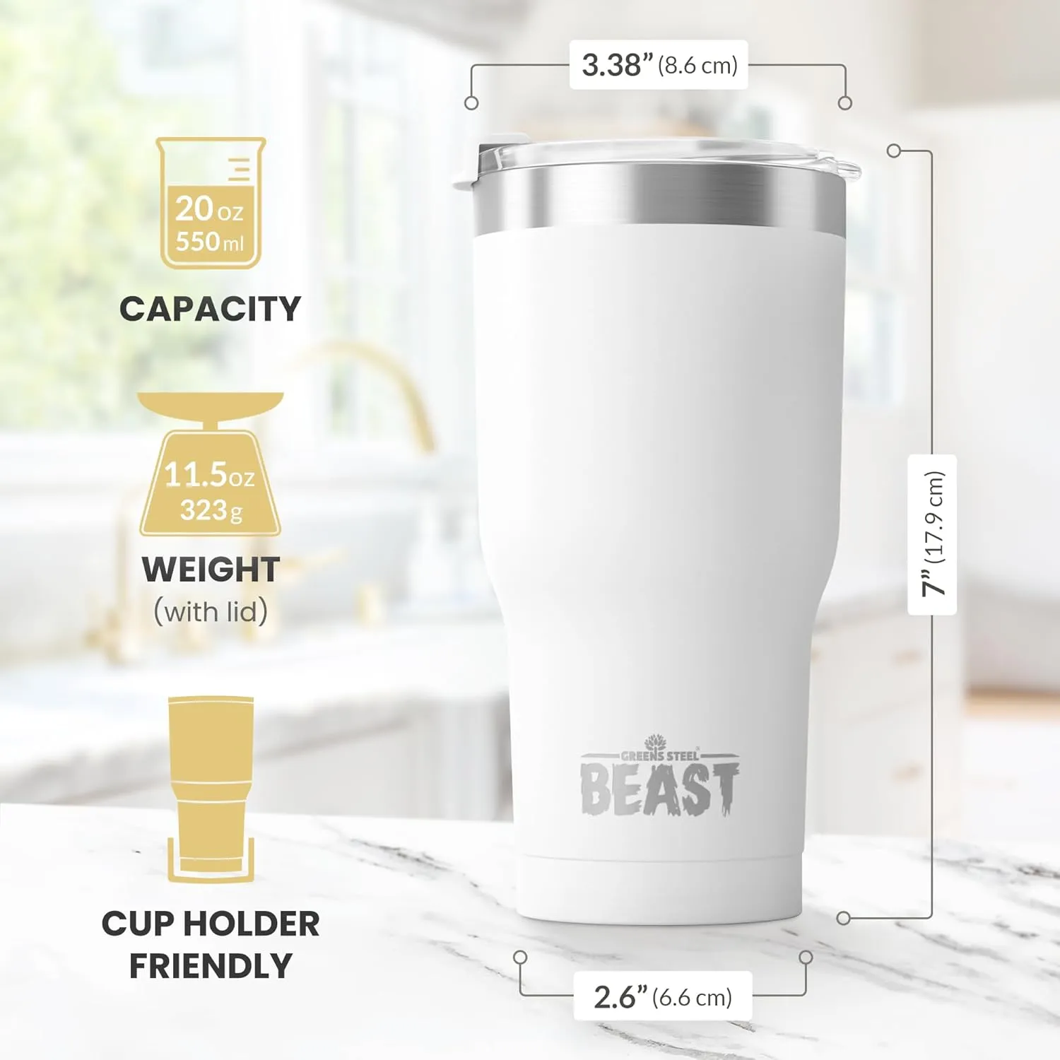 Beast 30 oz Tumbler Stainless Steel Vacuum Insulated Coffee Ice Cup Double Wall Travel Flask (Arctic White)