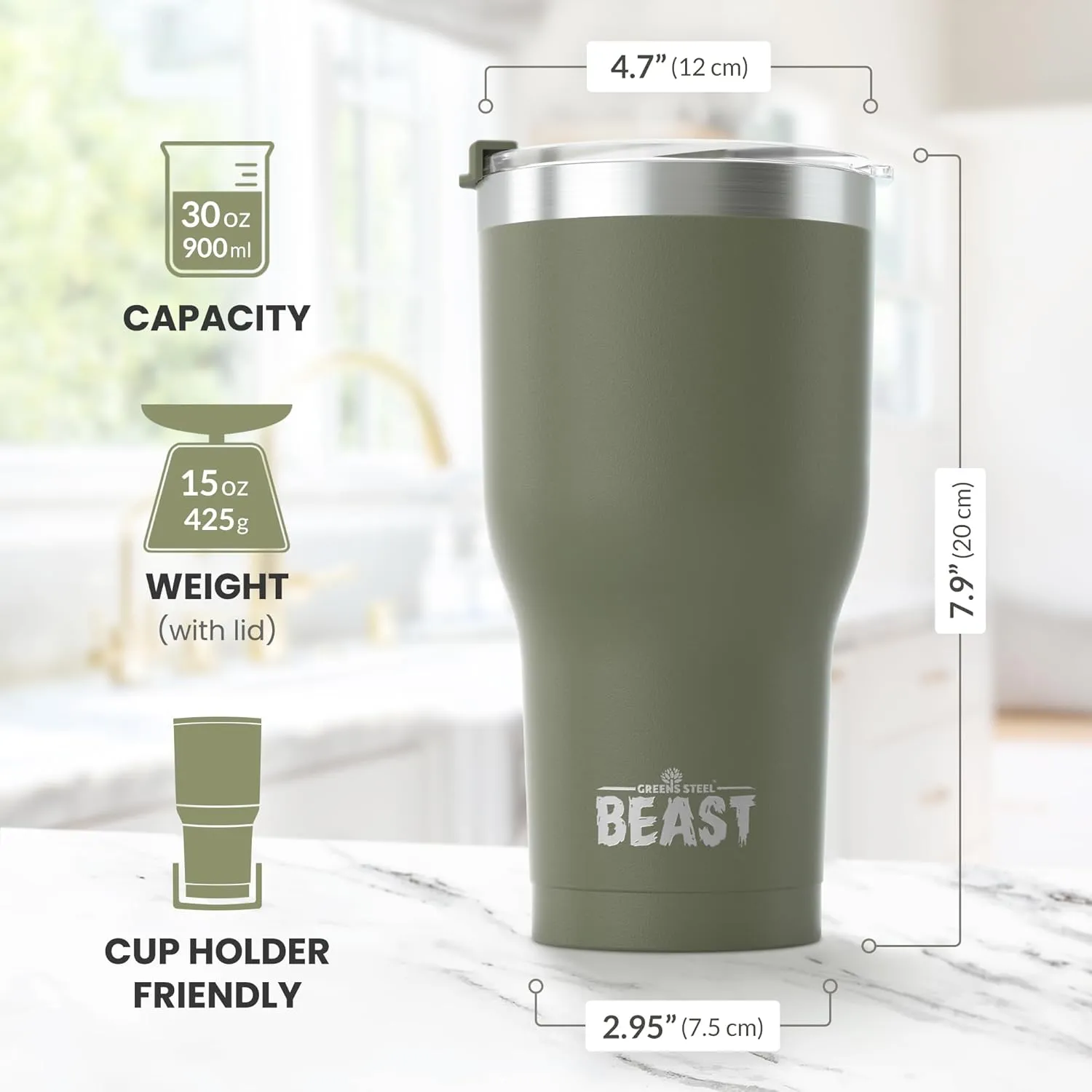 Beast 30 oz Tumbler Stainless Steel Vacuum Insulated Coffee Ice Cup Double Wall Travel Flask (Army Green)