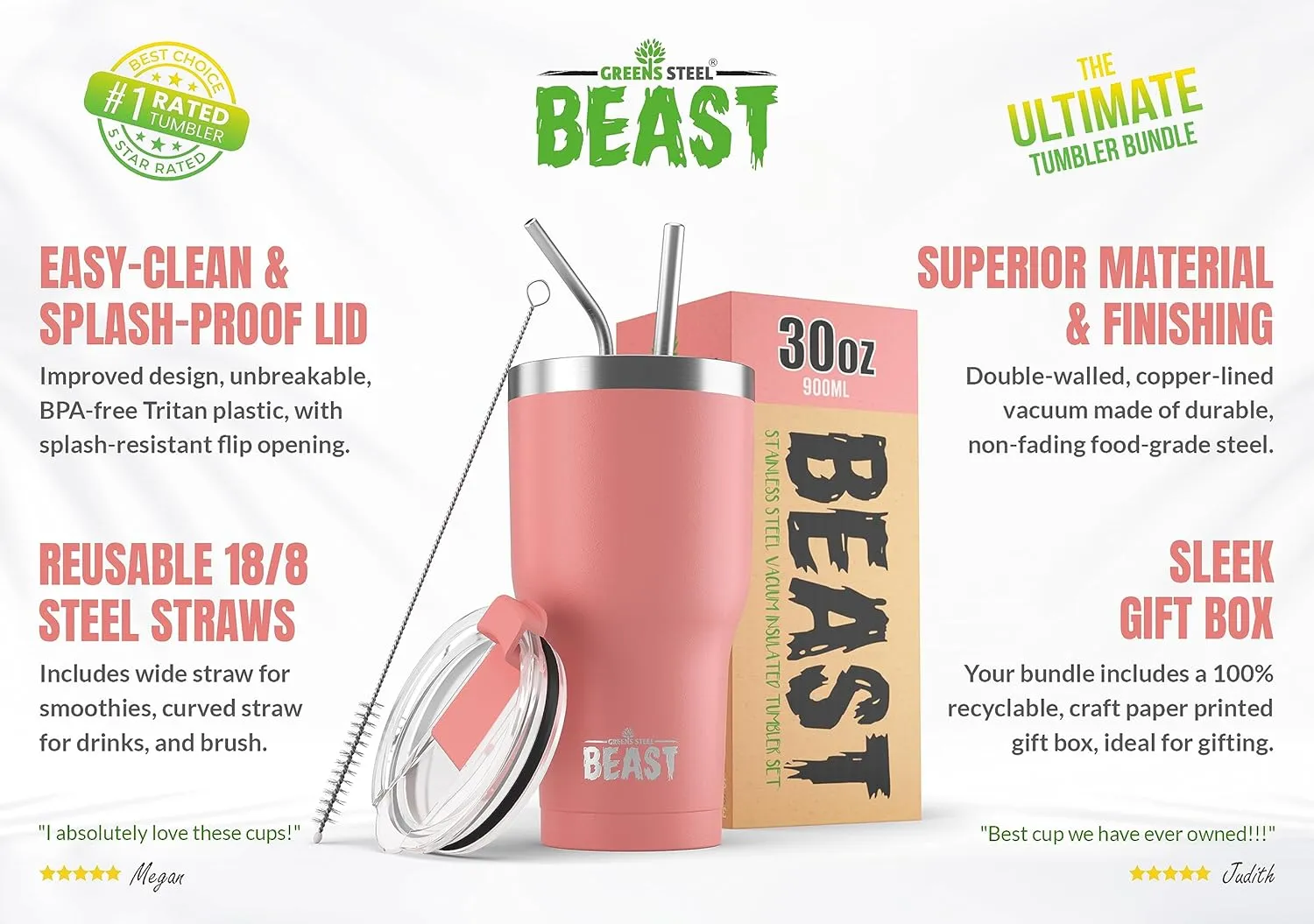 Beast 30 oz Tumbler Stainless Steel Vacuum Insulated Coffee Ice Cup Double Wall Travel Flask (Blossom Pink)