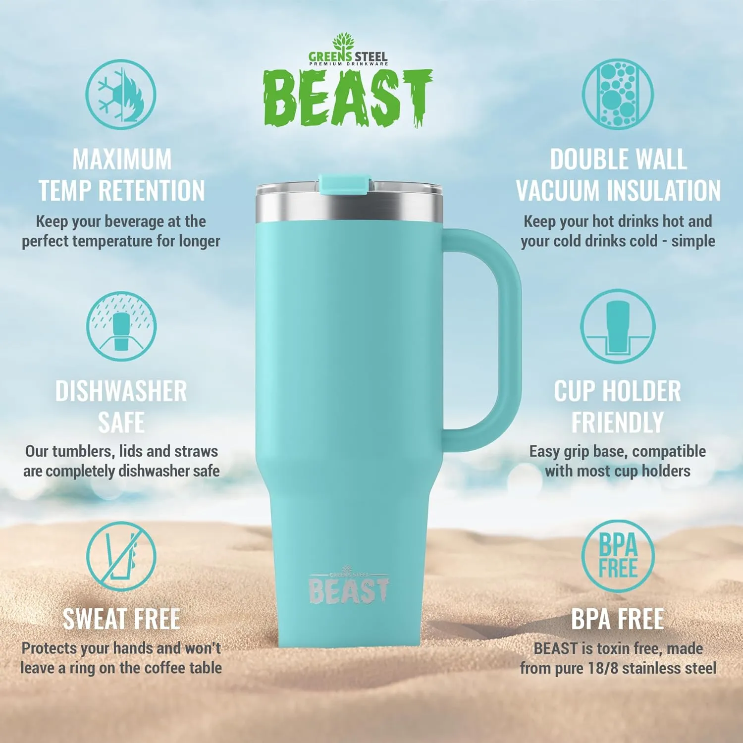 Beast 42 oz Tumbler Stainless Steel Vacuum Insulated Coffee Ice Cup Double Wall Travel Flask (Aqua Blue)