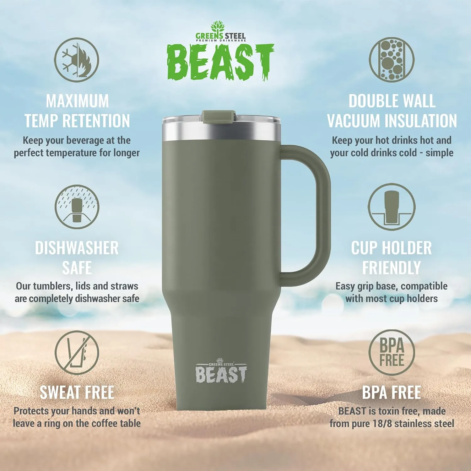 Beast 42 oz Tumbler Stainless Steel Vacuum Insulated Coffee Ice Cup Double Wall Travel Flask (Army Green)