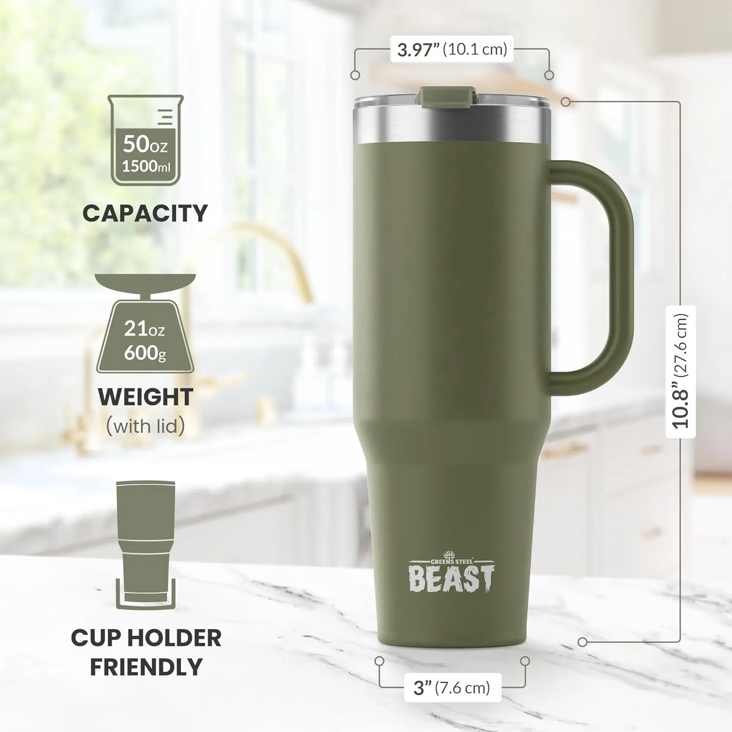 Beast 50 oz Tumbler Stainless Steel Vacuum Insulated Coffee Ice Cup Double Wall Travel Flask (Army Green)