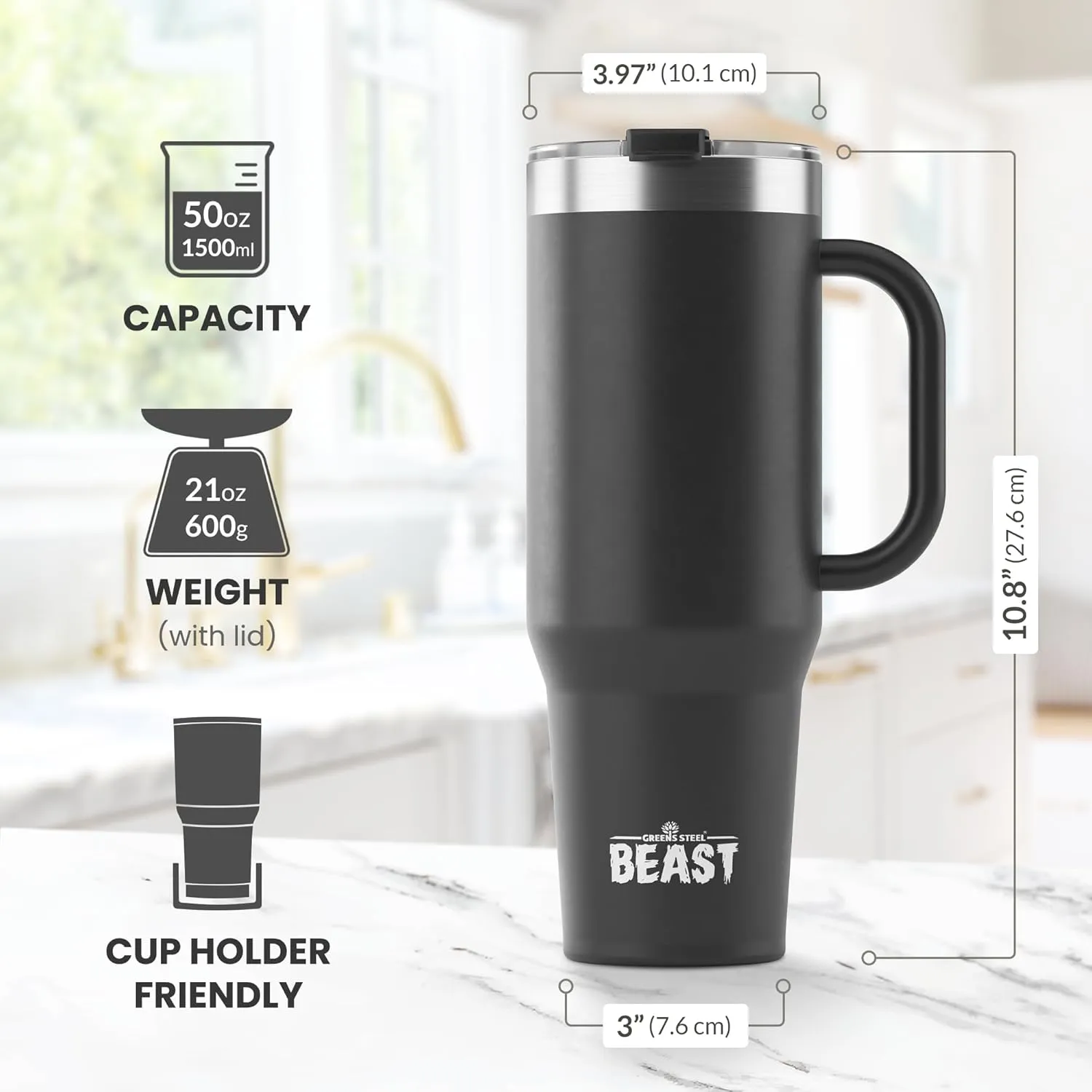 Beast 50 oz Tumbler Stainless Steel Vacuum Insulated Coffee Ice Cup Double Wall Travel Flask (Matt Black)