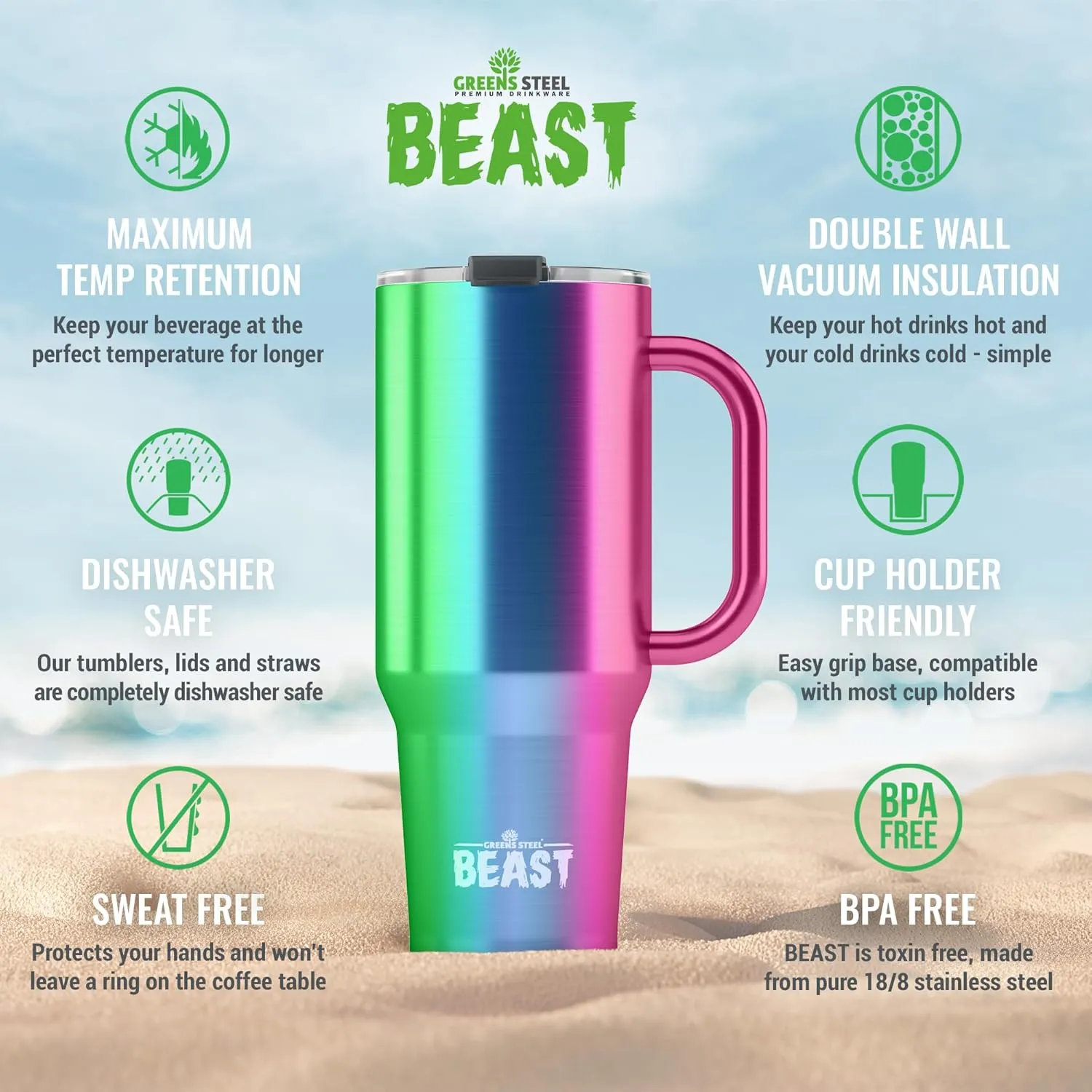 Beast 50 oz Tumbler Stainless Steel Vacuum Insulated Coffee Ice Cup Double Wall Travel Flask (Rainbow)