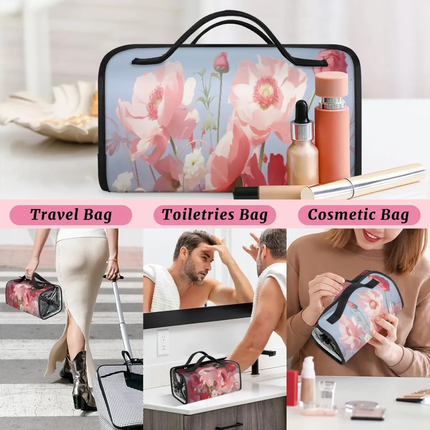 Beautiful Lovely Background Toiletry Bag Water Proof Travel Makeup Case Large Capacity 4 in 1 Foldable Cosmetics Storage for Women Men Removable Zipper Clear PVC Pockets