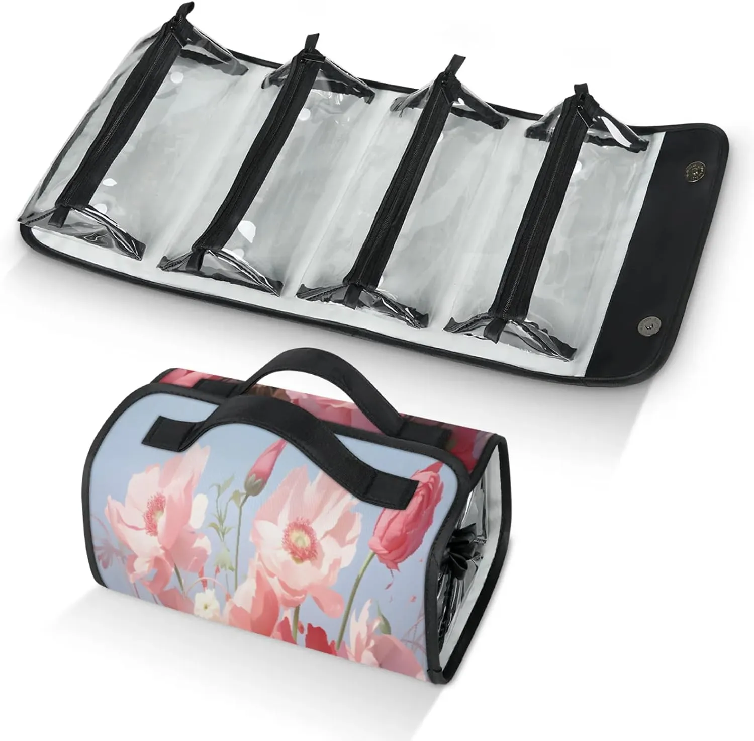 Beautiful Lovely Background Toiletry Bag Water Proof Travel Makeup Case Large Capacity 4 in 1 Foldable Cosmetics Storage for Women Men Removable Zipper Clear PVC Pockets